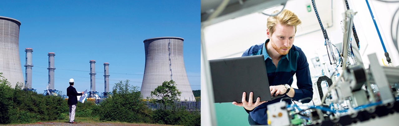 Man outside of an energy plant with blueprints and a computer, alongside another image of a man inside examining circuits with a laptop in hand.