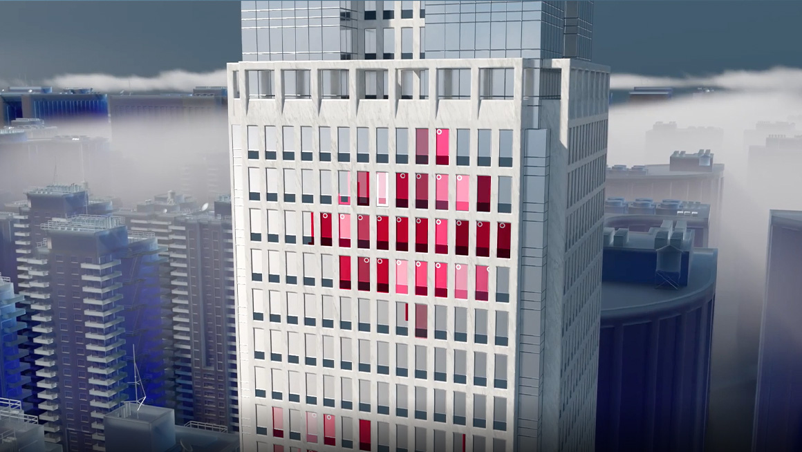 Rendering of a building showing several windows blocked out in red.