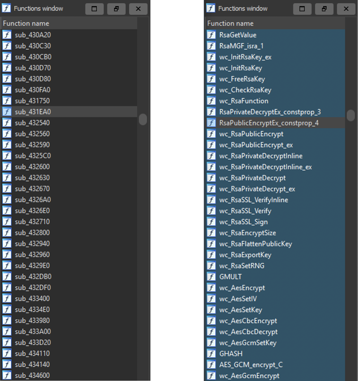 Function list without (left) and with (right) signatures