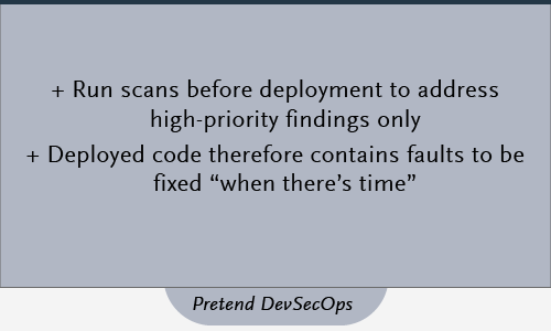 Security -Run scans before deployment to address high-priority findings only -Deployed code therefore contains faults to be fixed “when there’s time”