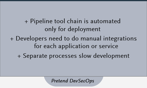 Pipeline tool chain is automated only for deployment -Developers need to do manual integrations for each application or service -Separate processes slow development 